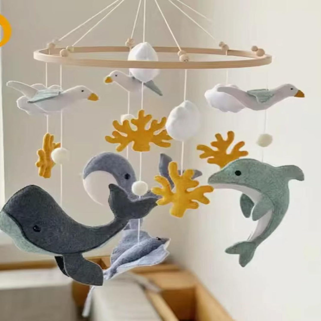 Meer Welt Mobile Baby Windspiele, 3D Delphine Walfisch Koralle Seevogel Mobile Baby Holz mit Filzbäl