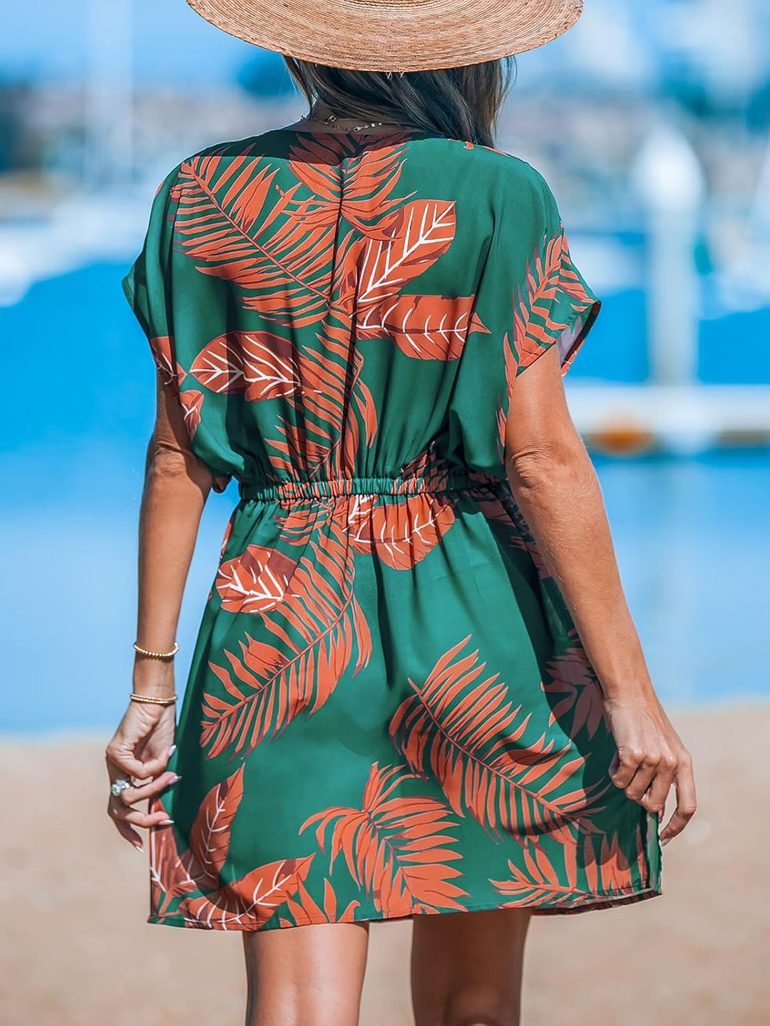 CUPSHE Damen Bikini Cover Up Strandkleid V Ausschnitt Kurzarm Blätter Print Seitenschlitz Sommer Bea