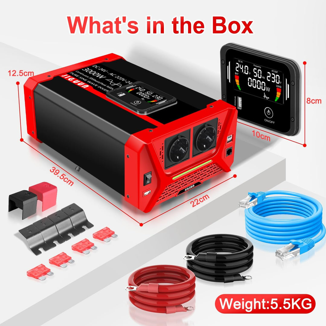 JIGUUN 2000W/4000W Reiner Sinus Spannungswandler 12V auf 220/230V- kfz Wechselrichter-Inverter Konve