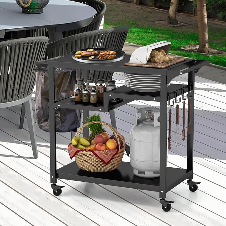COSTWAY Grillwagen Grilltisch Outdoor, Pizzatisch mit 4 Ablagen & 4 Rollen & Haken, Grill Beistellti