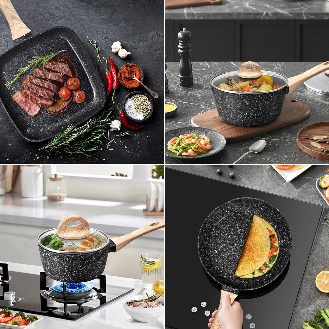 Topfset Induktion, 19-Teilig Schwarz Granit Topf und Pfannenset, Bratpfanne 24/28cm, Kochtopf 18/20c