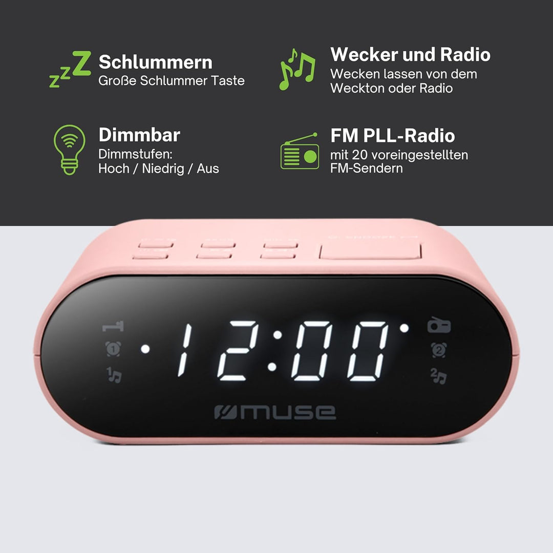 MUSE DUALER WECKER Radio PLL in Rosa, Handlicher UKW-PLL-Radio mit Dual-Alarm, LED Anzeige, 24-Stund