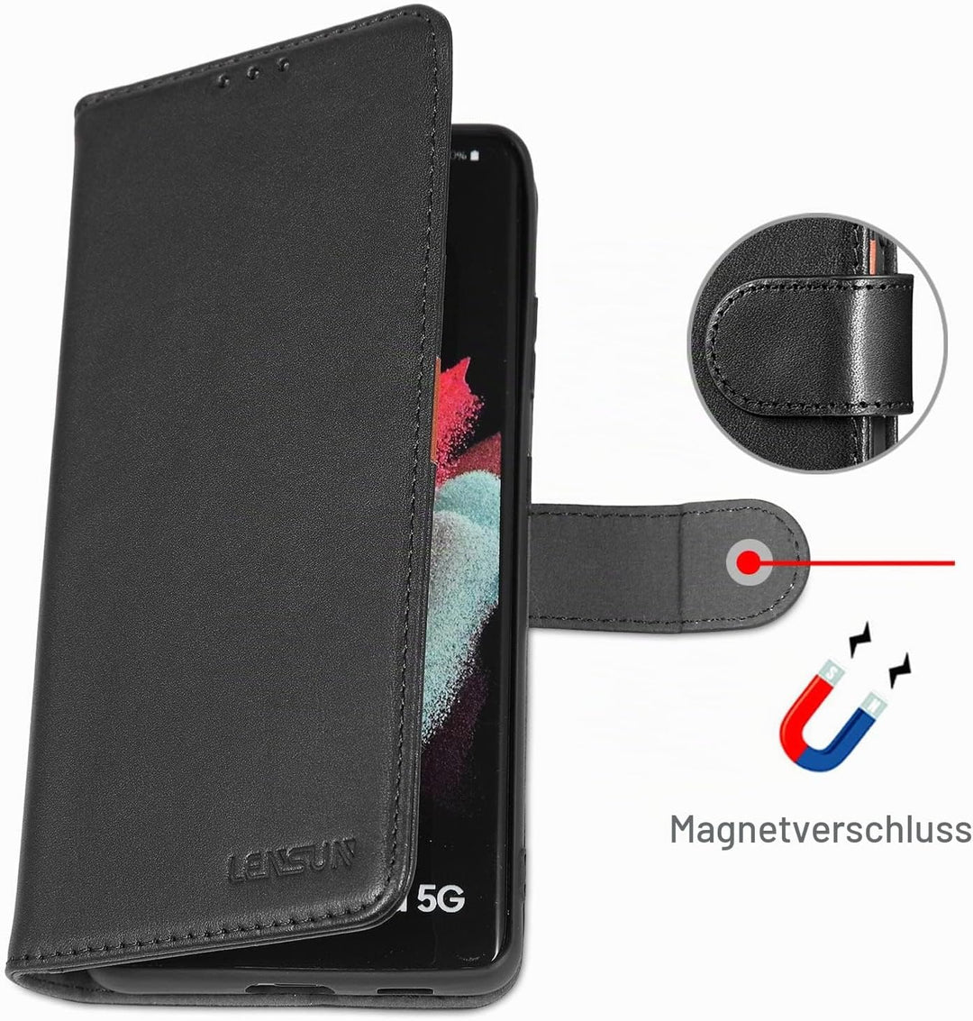 LENSUN Echtleder Hülle für Samsung Galaxy S21 Ultra, Handyhülle [Echtes Leder] [Magnetverschluss] [K