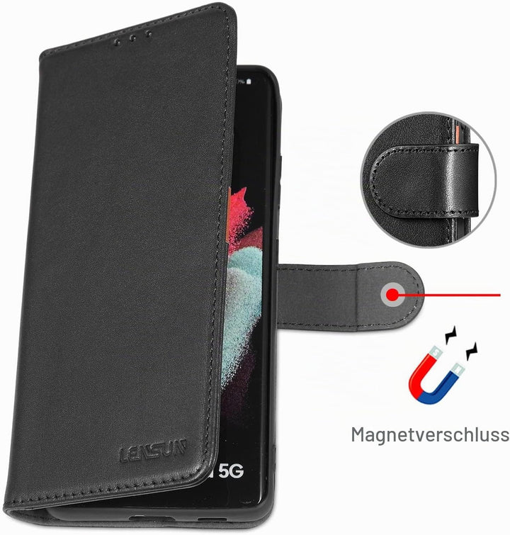 LENSUN Echtleder Hülle für Samsung Galaxy S21 Ultra, Handyhülle [Echtes Leder] [Magnetverschluss] [K