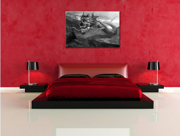 Pixxprint Drache kämpft gegen Krieger / 100x70cm Leinwandbild bespannt auf Holzrahmen/Wandbild Kunst