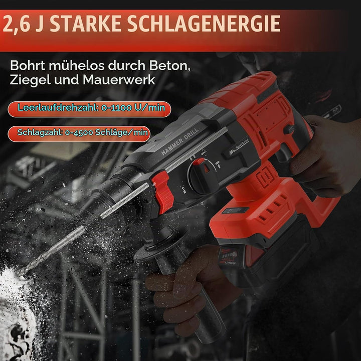 Professional Bohrhammer 600W kompatibel für Milwaukee 18V Akku(ohne Akku),Abbruchhammer Geschwindigk