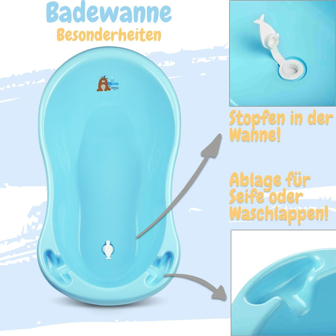 Babybadewanne mit Ständer 5 Set TÜV Rheinland geprüft - Babybadewanne + Baby Badewannensitz + Wickel