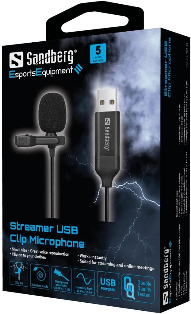 Sandberg Streamer USB Clip Microphone, Omnidirektionales Lavalier Ansteckmikrofon für Computer Lapto