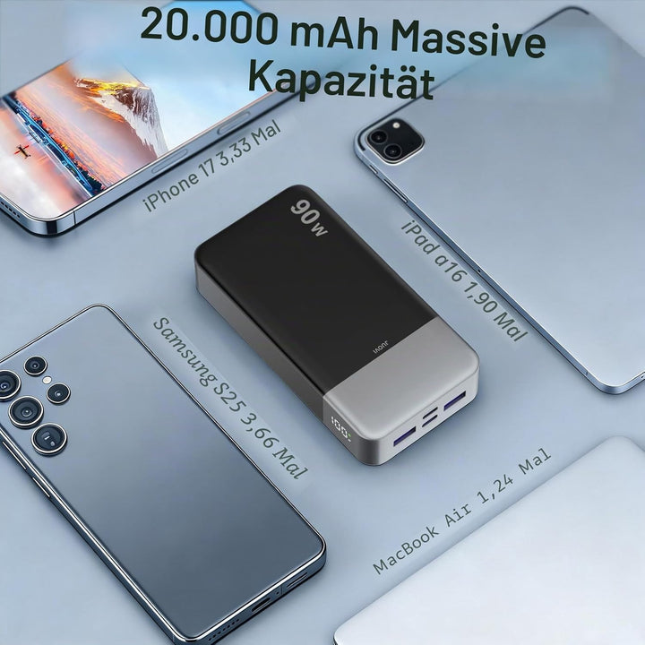 JUOVI Power Bank, 90W Laptop Powerbank 20000mAh USB-C Schnellladefunktion Schwarz, Schwarz
