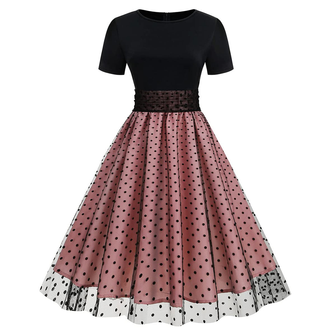 Odizli Rockabilly Kleider Damen 50er Jahre Kurzarm Mesh Polka Dot Tüllkleid Sommer Swing Coctailklei