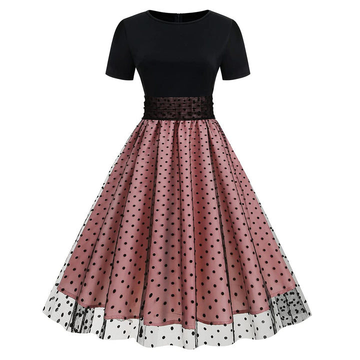 Odizli Rockabilly Kleider Damen 50er Jahre Kurzarm Mesh Polka Dot Tüllkleid Sommer Swing Coctailklei