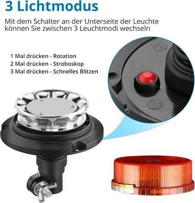 AUTOUTLET Rundumleuchte, 12 LED Amber Warnleuchte Warnlicht mit 3 Blitzmuster 10V-30V, ECE R65 R10 E