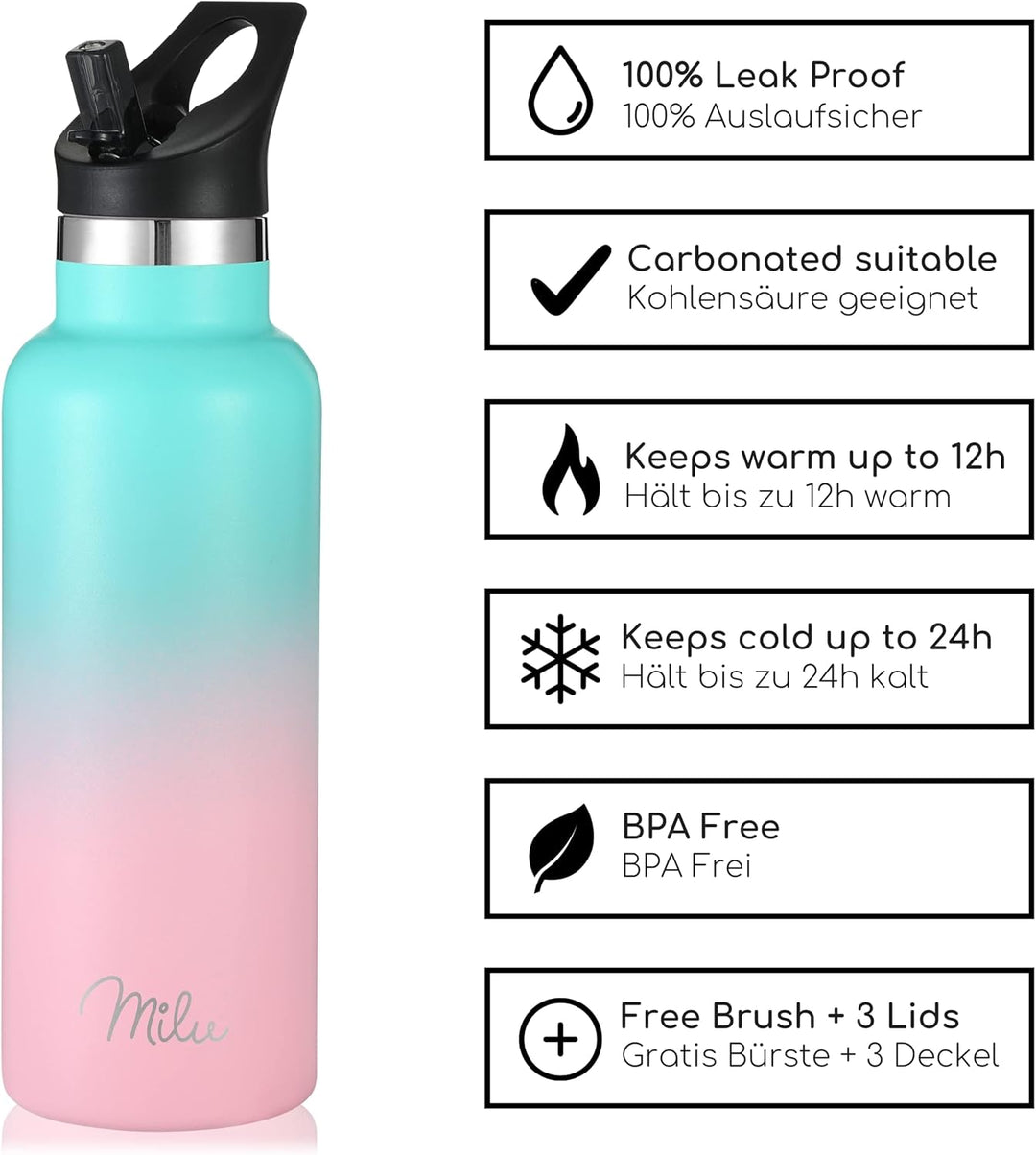 Milu Edelstahl Trinkflasche 500ml, 750ml, 1000ml (+3 Deckel) - Thermosflasche mit Strohhalm, Isolier