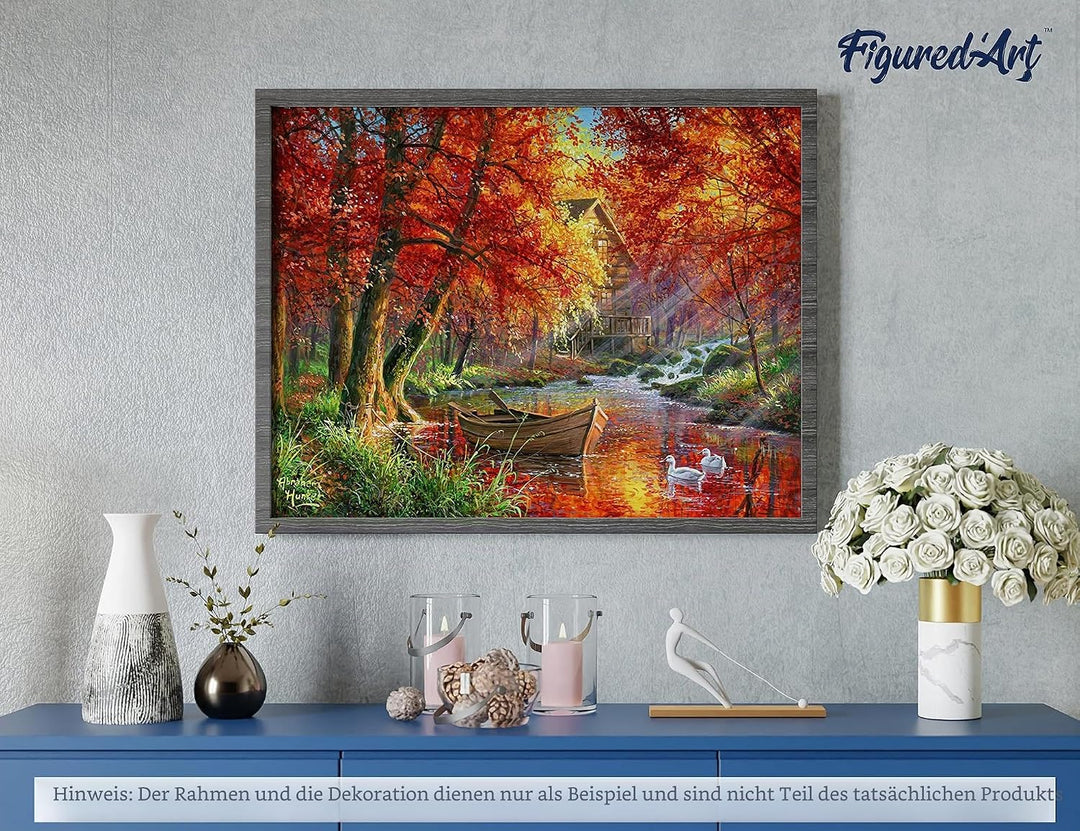 Figured'Art Malen Nach Zahlen Erwachsene Boot am Herbstlichen Fluss - Paint by Numbers Basteln DIY B