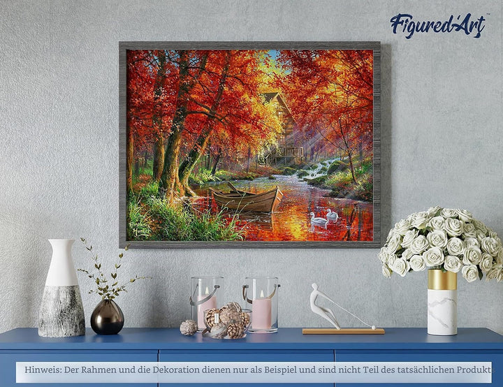 Figured'Art Malen Nach Zahlen Erwachsene Boot am Herbstlichen Fluss - Paint by Numbers Basteln DIY B