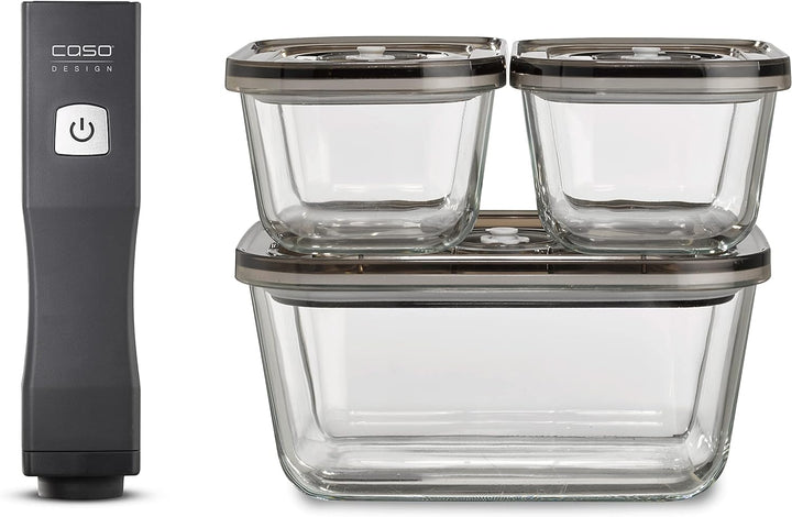 CASO Vacu OneTouch Eco-Set, Handvakuumierer inkl. 3 Vakuumbehälter aus Glas, 10 ZIP-Beutel und Food