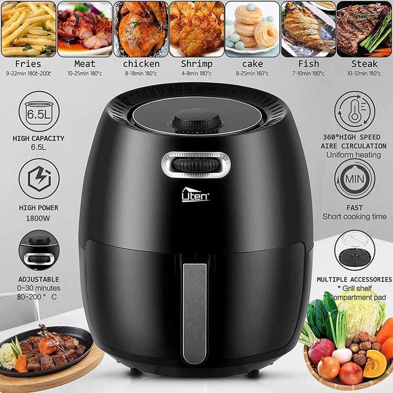 Heissluftfritteuse,6.5L Airfryer Uten XXL Heissluftfriteuse ohne Fett Friteuse Mit Ständer, No stick