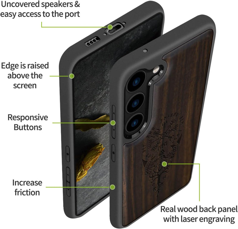 Carveit Handyhülle für Galaxy S23 Case [Holz und TPU Silikon Hybrid hülle] Stossfeste Stossstange ha