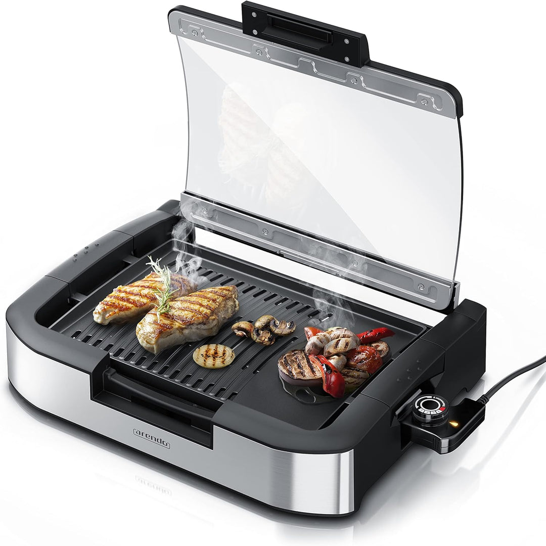 Arendo - Gourmet Tischgrill Elektrogrill Edelstahl - 1800 W - mit Glasabdeckung - für Balkon Garten