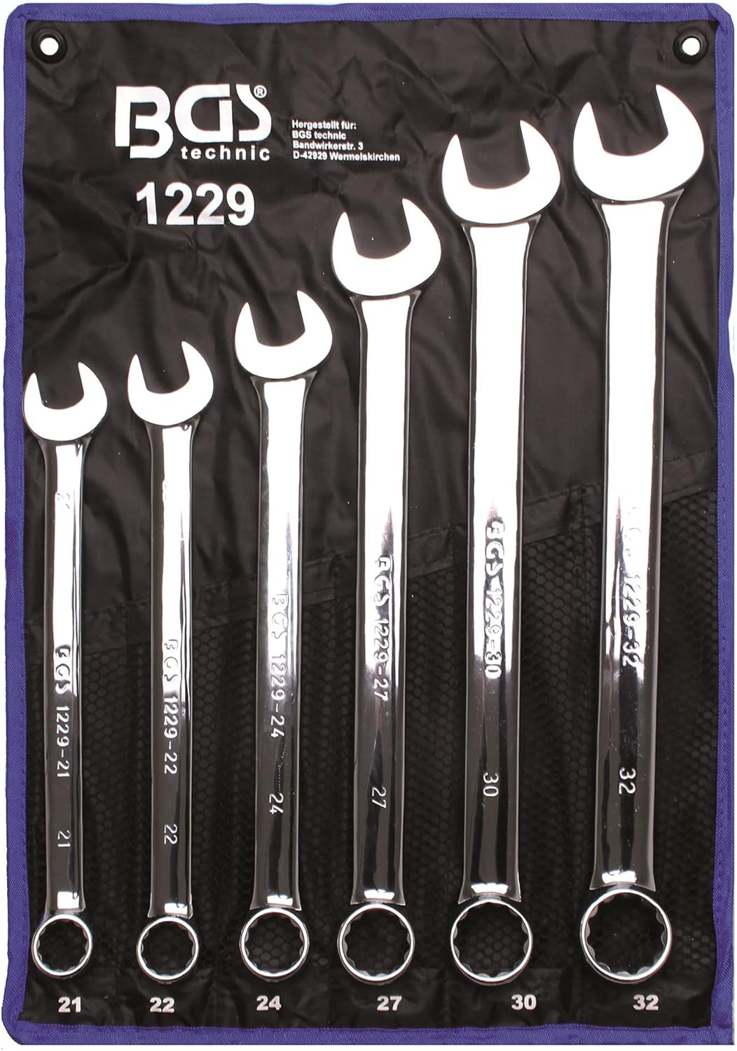BGS 1229 | Maul-Ringschlüssel-Satz | 6-tlg. | extra lang | SW 21 - 32 mm | inkl. Tetron-Rolltasche |