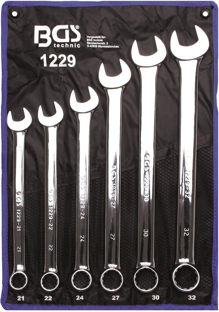 BGS 1229 | Maul-Ringschlüssel-Satz | 6-tlg. | extra lang | SW 21 - 32 mm | inkl. Tetron-Rolltasche |