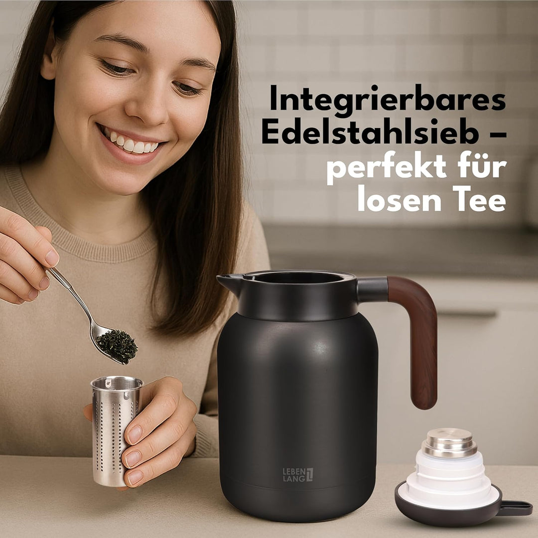 LEBENLANG Thermoskanne 1,5L Keramikbeschichtung - Inkl. Teesieb I 24h Heiss I Kaffeekanne Kaffee & T