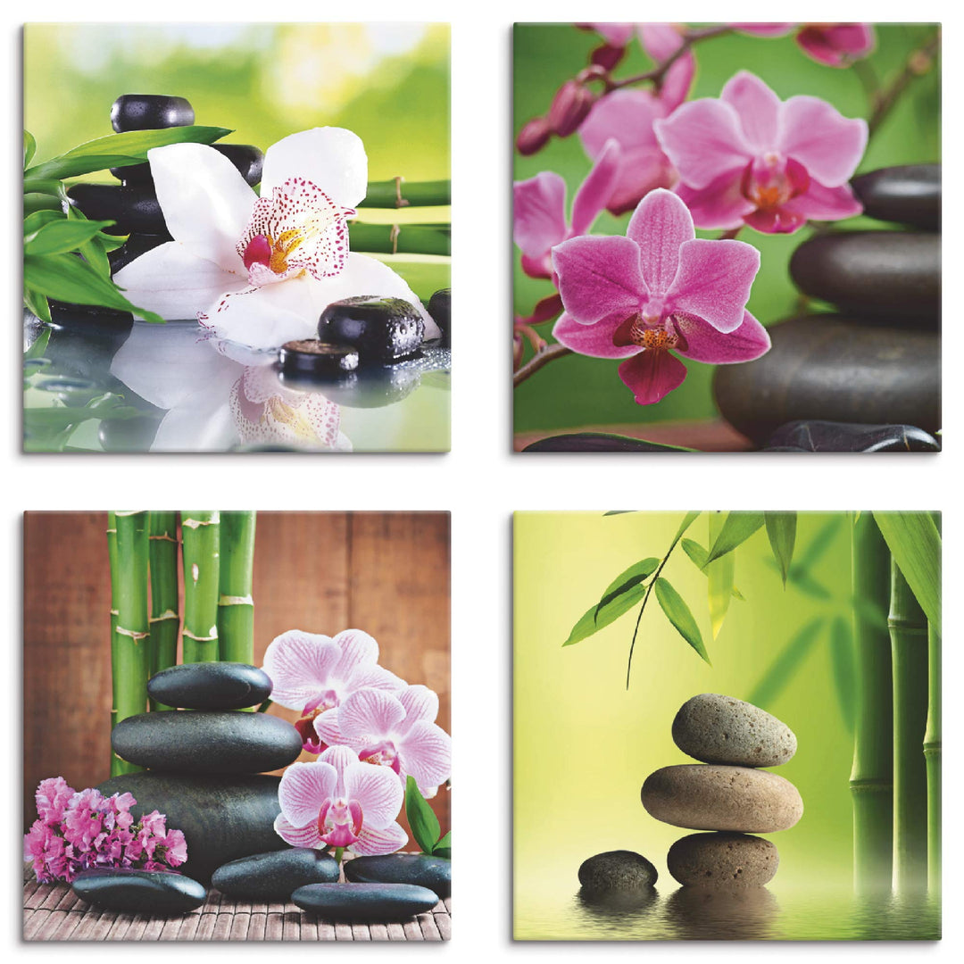 ARTLAND Leinwandbilder auf Holz Wandbild Bild Set 4 teilig je 40x40 cm Quadratisch Wellness Zen Stei
