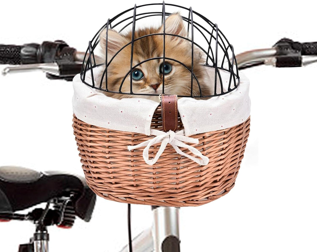 Weiden-Fahrradkorb,Drahtgeflecht-Abdeckung, Weiden-Fahrradkorb für kleine Hunde und Katzen | Abnehmb