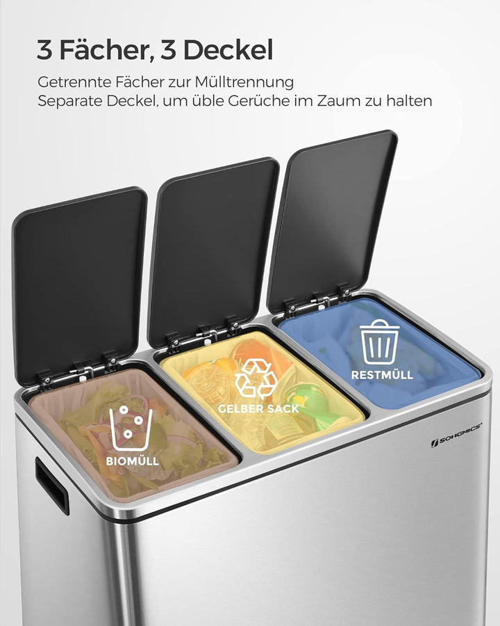 SONGMICS Mülleimer Küche, Mülltrennsystem, 3 x 18 L, Treteimer mit 3 Fächern, Abfalleimer, Softclose