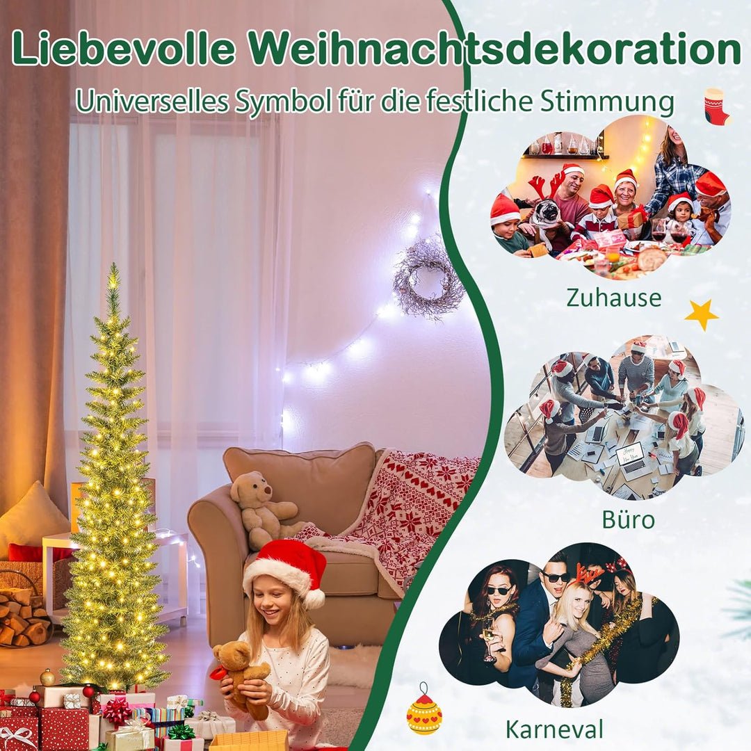 COSTWAY 150 cm Künstlicher Weihnachtsbaum mit Beleuchtung, Bleistift Tannenbaum mit 150 warmweissen