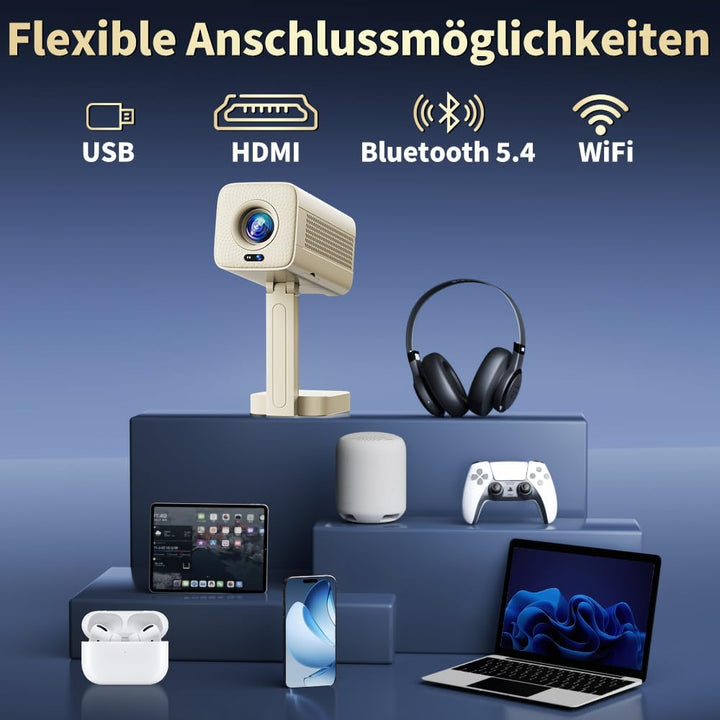 Mini Beamer Unterstützt 4K Full HD 1080P, Smart Beamer mit Auto Fokus & Keystone und 90° Drehbarkeit