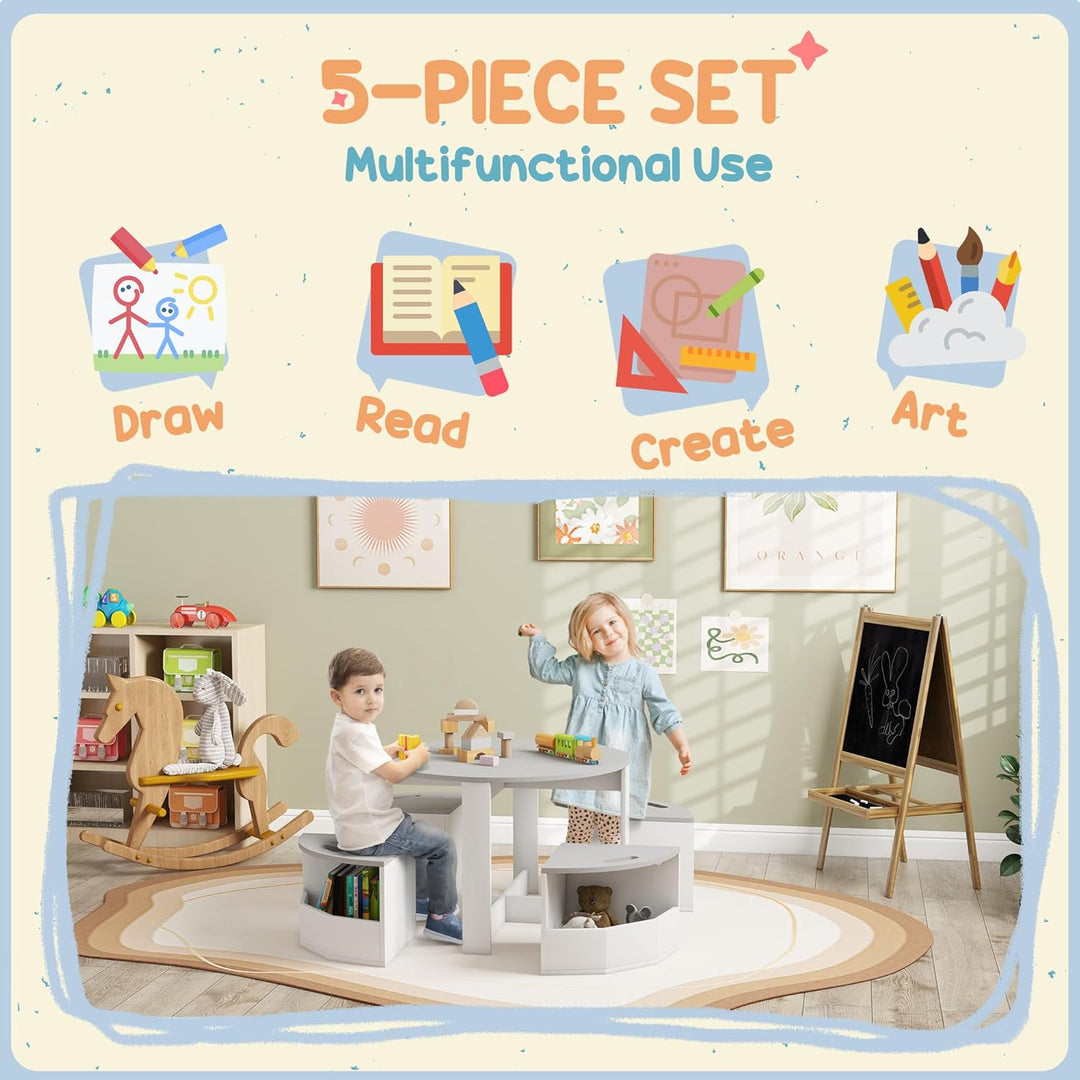 AIYAPLAY 5-TLG. Kindertisch und Hocker Set, Tisch und Stühle Set mit platzsparendem Holzaufbewahrung