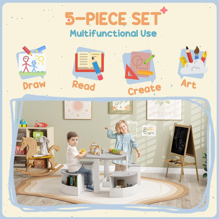 AIYAPLAY 5-TLG. Kindertisch und Hocker Set, Tisch und Stühle Set mit platzsparendem Holzaufbewahrung