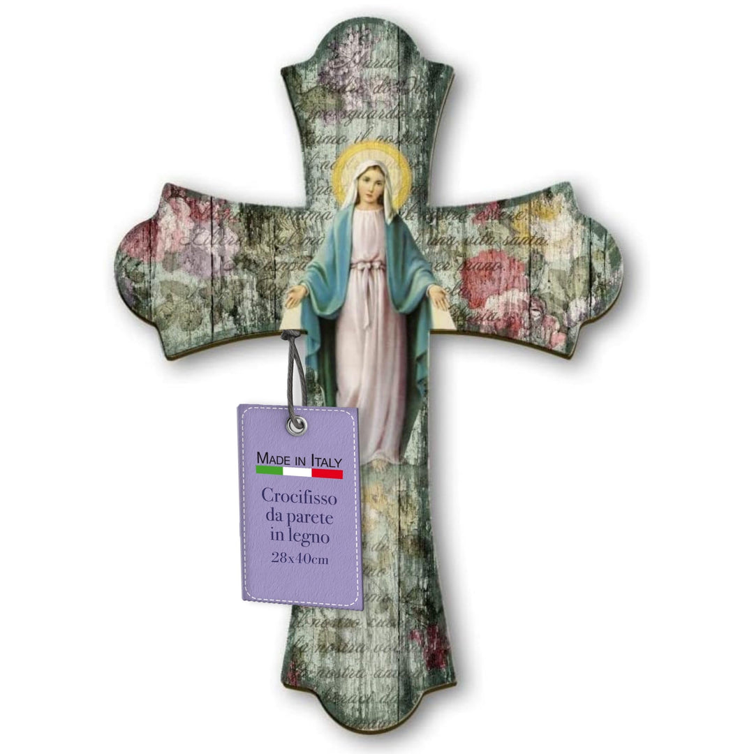Fratelli Bonella | Vintage-Kreuz aus Holz Religiöse Frau der Medaille 28 x 40 cm | Made in Italy 28x