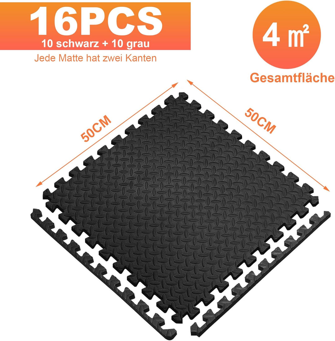 16PCS Bodenschutzmatten Sportgeräte-Matten 50X50X1cm mit Randstücken, 5㎡ rutschfest Eva Fitnessmatte