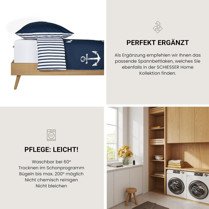 Schiesser Wende-Bettwäsche-Set Marina aus weicher Baumwolle in maritimem Look, Farbe:Marine und Weis