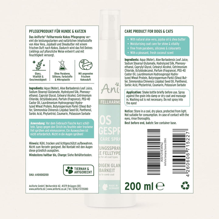 AniForte Fellharmonie Pflegespray Kokos 200 ml – Sanfte Fellpflege für Hunde & Katzen, Entfilzungssp