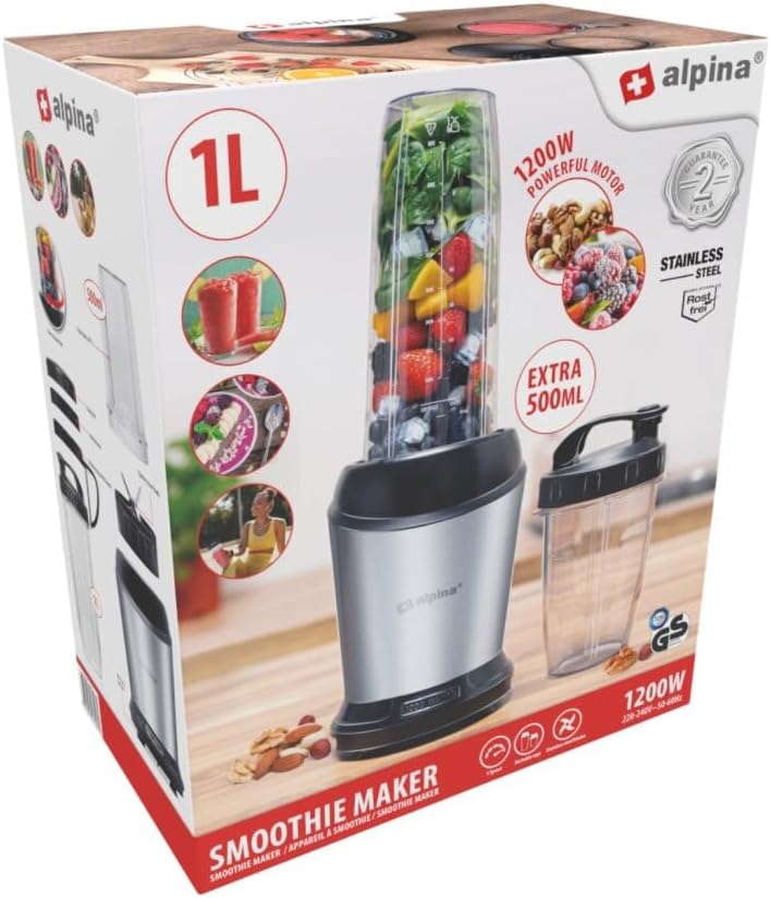 alpina Smoothie Maker 1200 W - Mixer 1L - Mixer Smoothie Maker - mit 500 ML Mitnehmbecher und Deckel