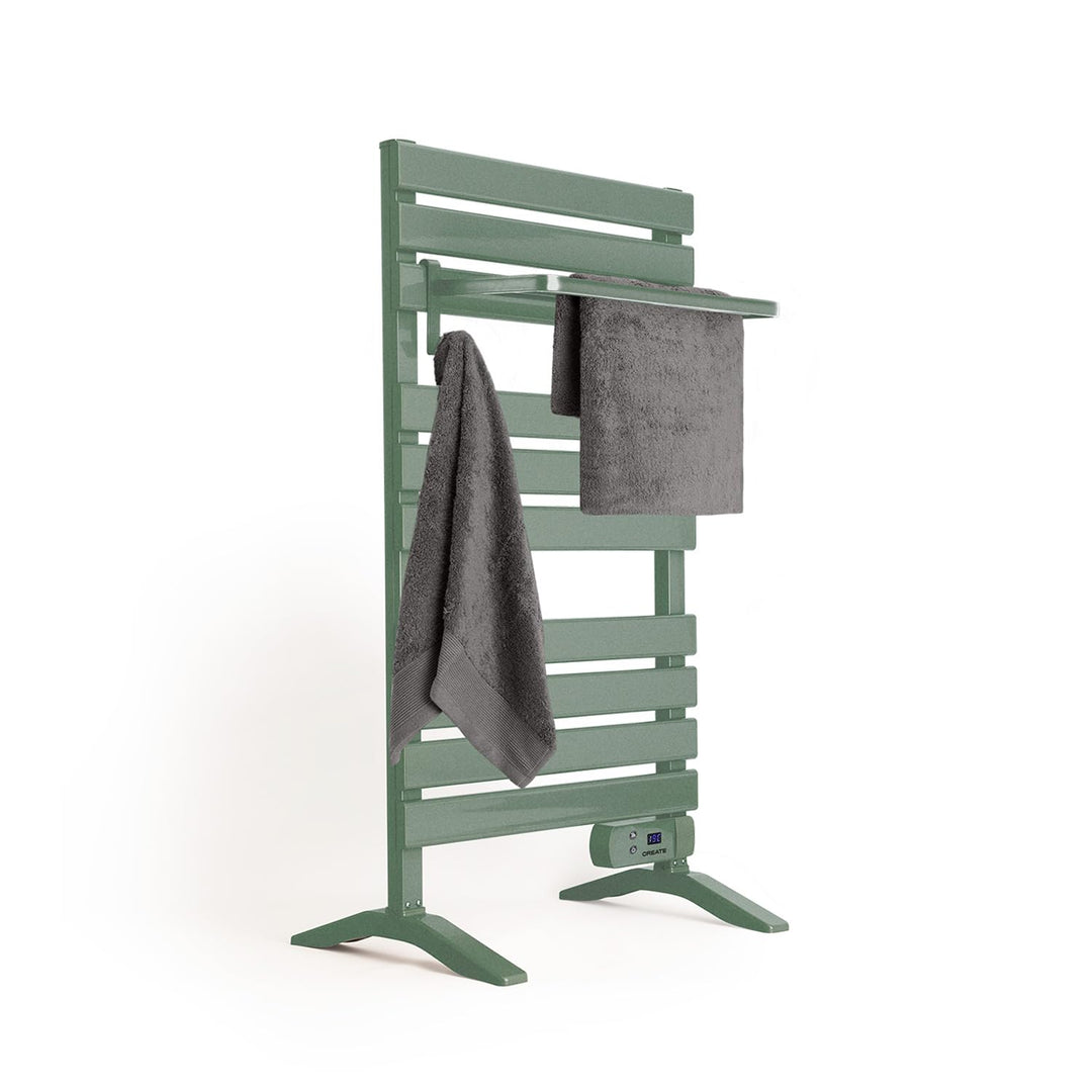 CREATE / WARM Towel 500W / Elektrischer Badheizkörper Salbeigrün mit Standfüssen und Regal / 103x55x