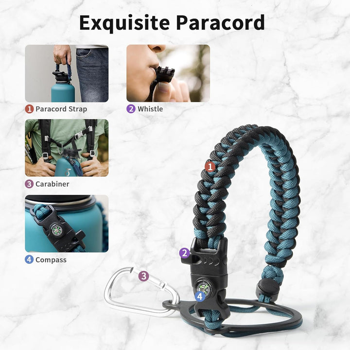 Thermosflasche mit Strohhalm 2L, Trebo Trinkflasche Edelstahl mit Paracord-Griff & 3 Deckeln, Edelst