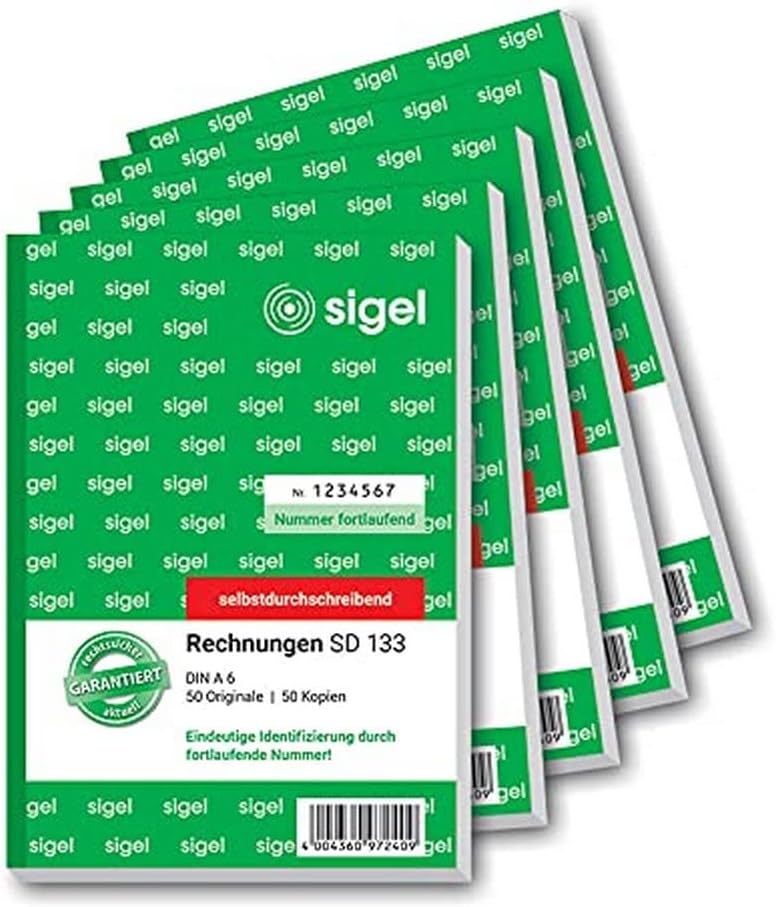 SIGEL SD133/5 Rechnungen fortlaufend nummeriert, A6, 2x50 Blatt, selbstdurchschreibend, 5er Pack 5 S