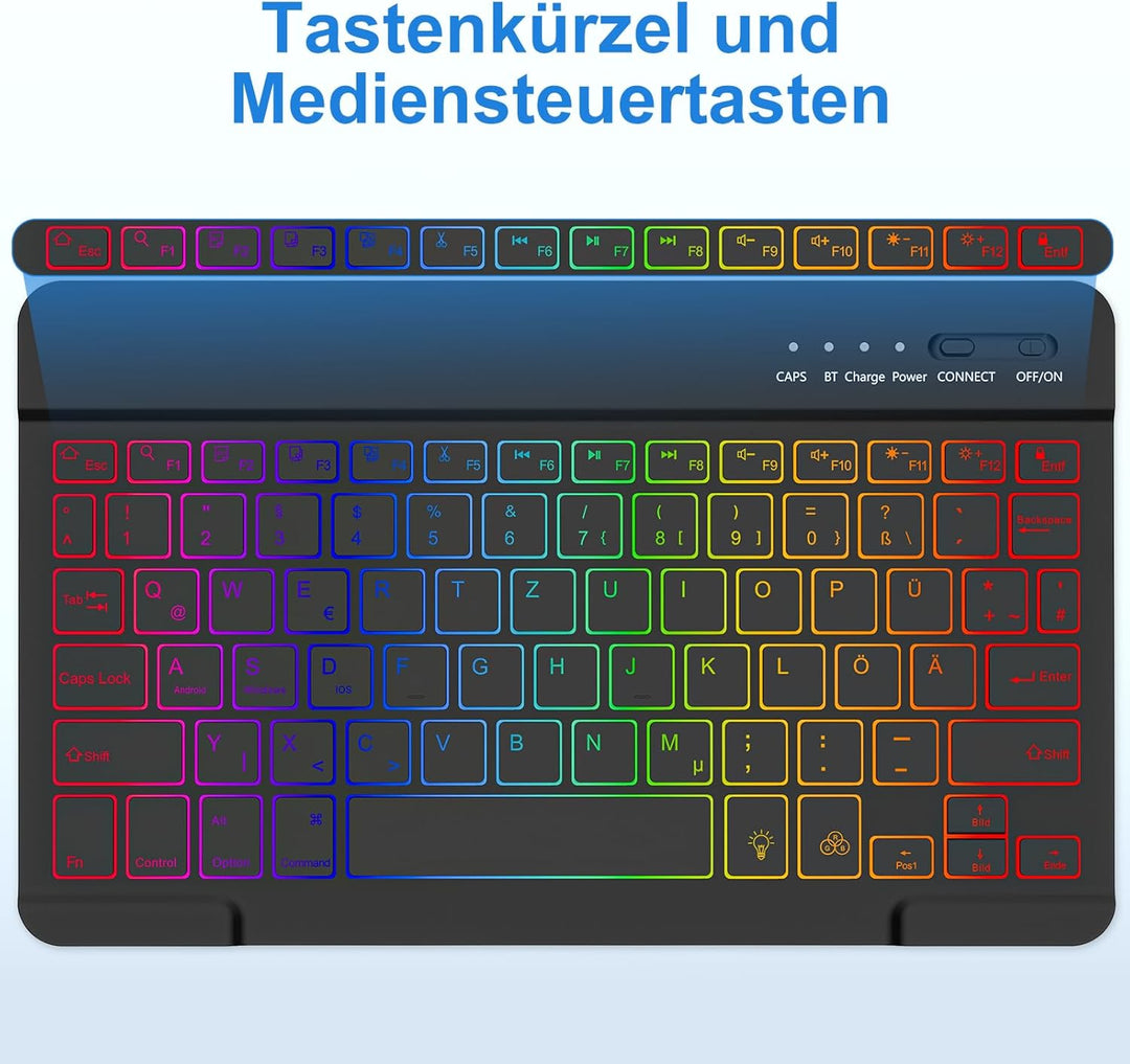 MMK Bluetooth-Tastatur, Deutsches QWERTZ-Layout mit 7-Farbiger Hintergrundbeleuchtung, Mini Wireless