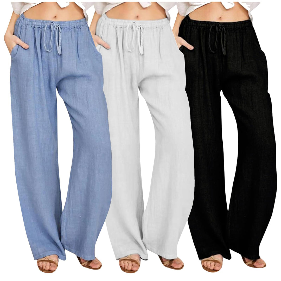 3er Pack Leinenhose Damen Sommer Freizeit Hose Lang Locker Sommerhose Casual Einfarbig Leinenhose Ba