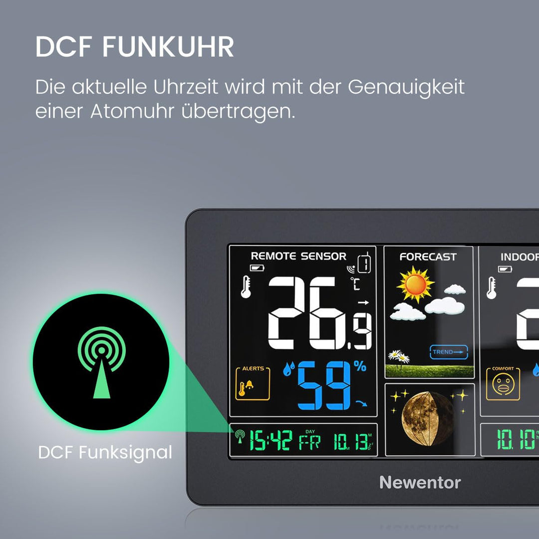 Newentor Wetterstation Funk mit Aussensensor - Funkwetterstation mit Wettervorhersage, Temperaturwar