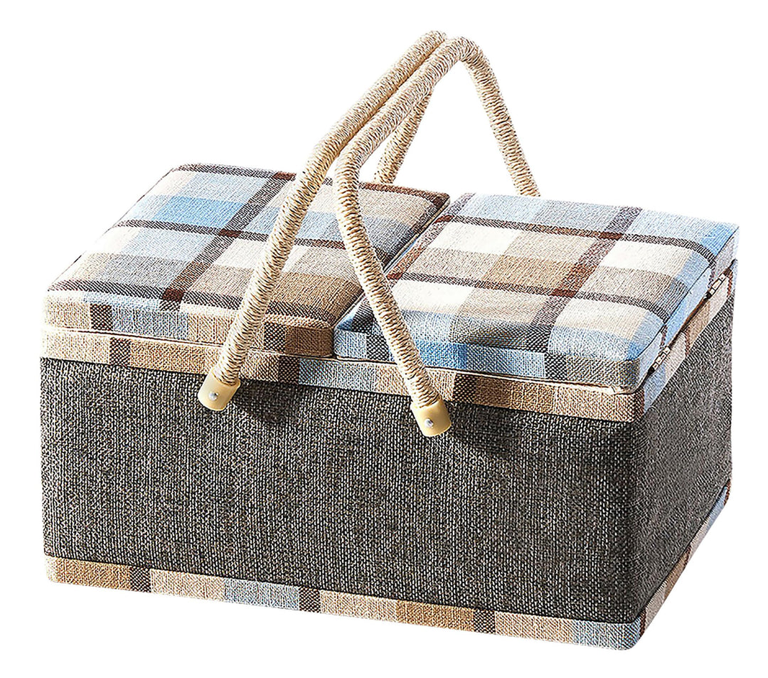 Kobolo Nähkästchen Nähkorb Nähkörbchen Nähkasten - blau kariert - Stoff - 33x23x17 cm