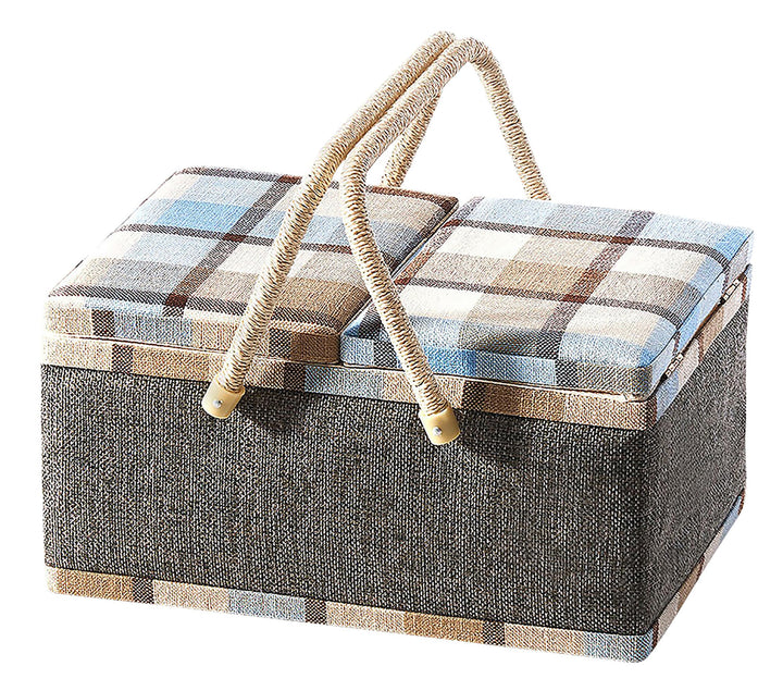 Kobolo Nähkästchen Nähkorb Nähkörbchen Nähkasten - blau kariert - Stoff - 33x23x17 cm