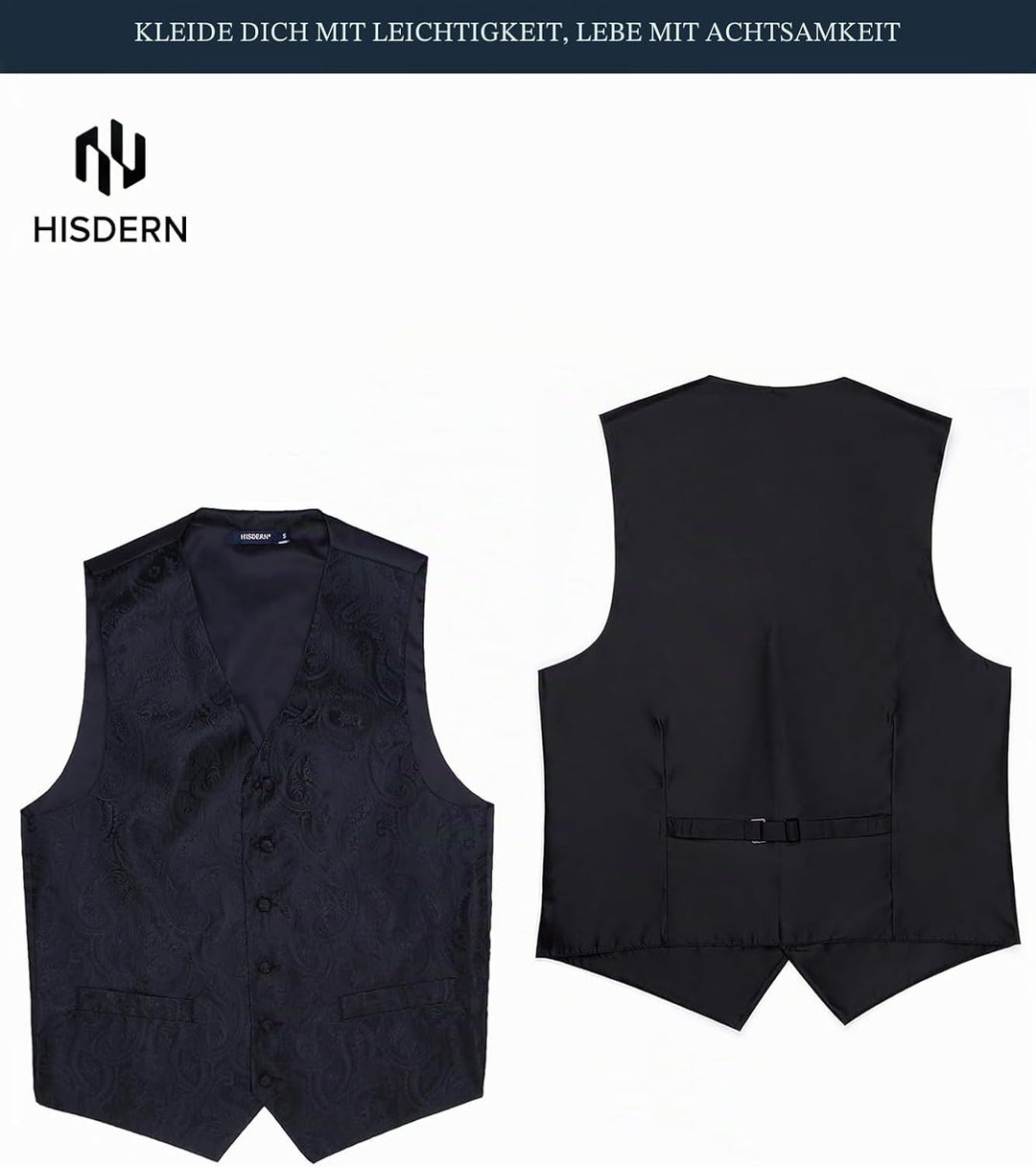 HISDERN Herren FLoral Hochzeit Weste Krawatte Einstecktuch Taschentuch Jacquard Weste Anzug Set XL S