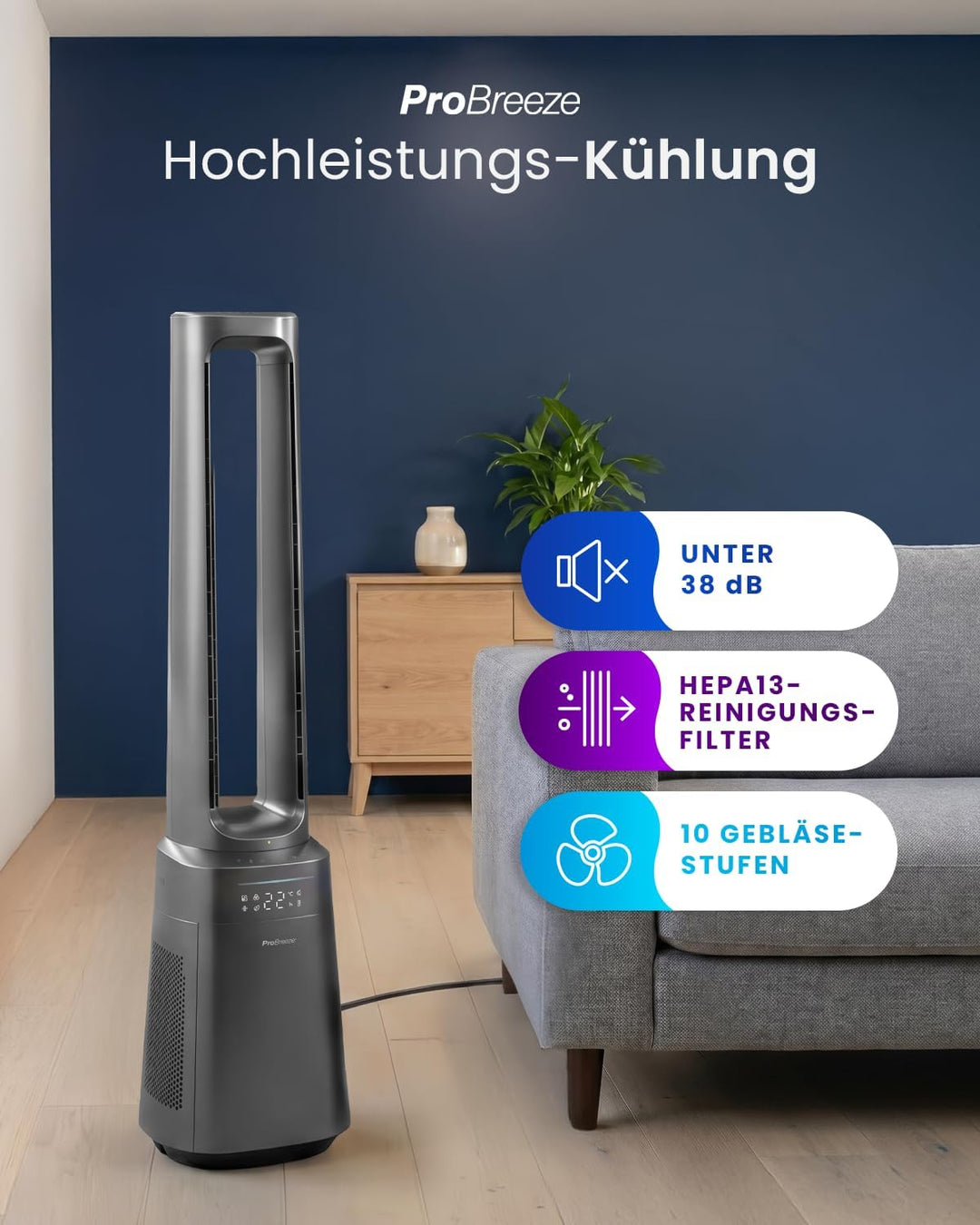 Pro Breeze OmniAir 105cm rotorloser Ventilator mit Luftreiniger - Ventilator oszillierend 75° - Fern
