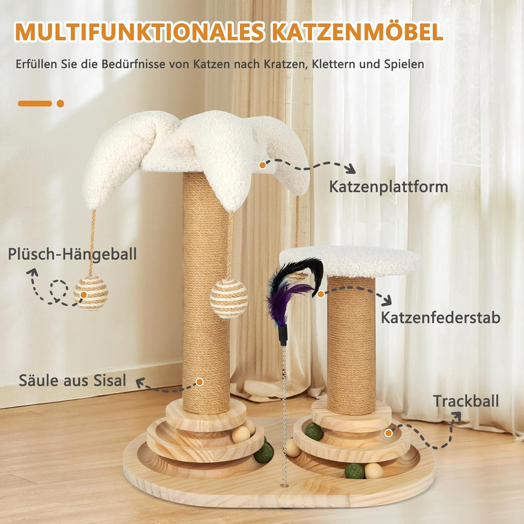 6 in 1 Interaktives Katzenspielzeug, Holz Katzenmöbel mit Hängenden Kugeln, Federn, Drehbar Smart Tr