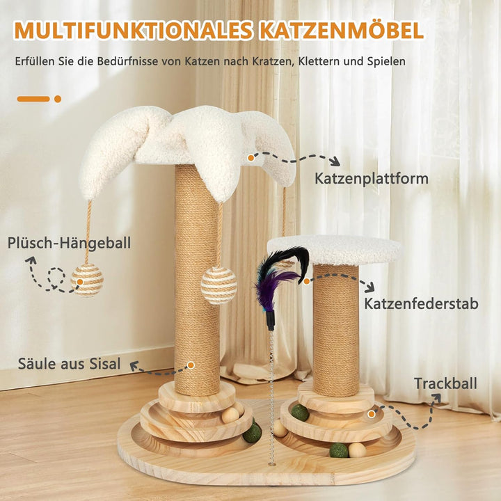 6 in 1 Interaktives Katzenspielzeug, Holz Katzenmöbel mit Hängenden Kugeln, Federn, Drehbar Smart Tr